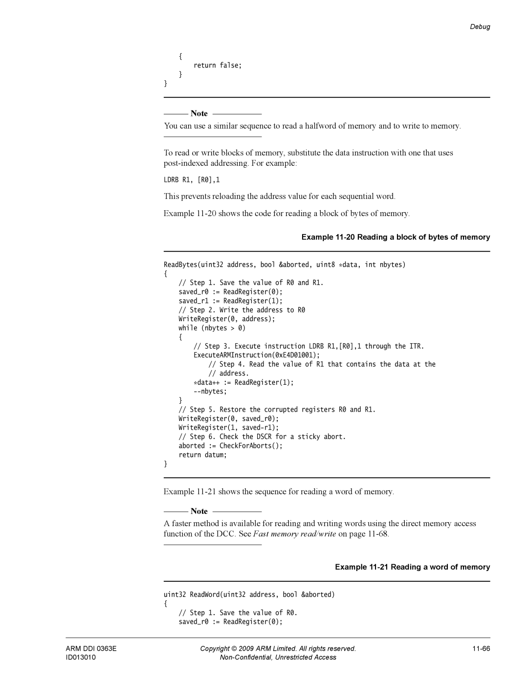 ARM r1p3, R4F manual Example 11-20 Reading a block of bytes of memory, Example 11-21 Reading a word of memory 