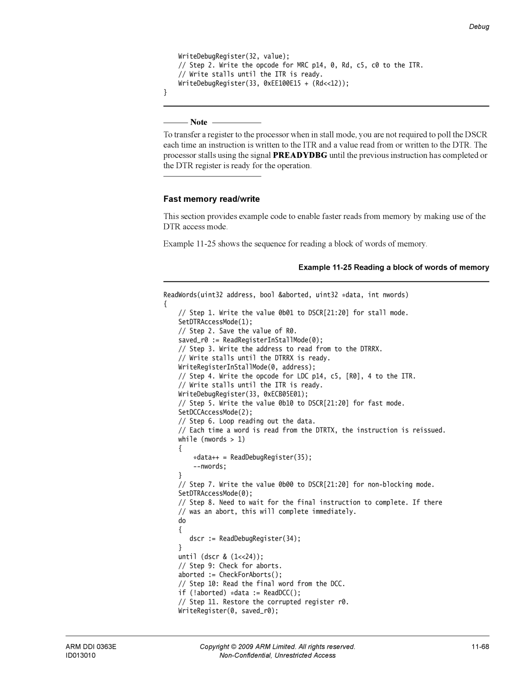 ARM R4F, r1p3 manual Fast memory read/write, Example 11-25 Reading a block of words of memory 