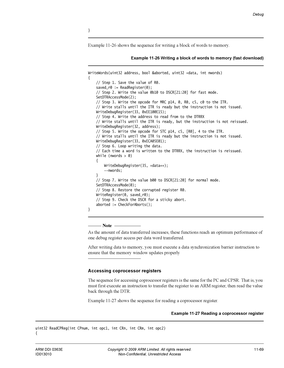 ARM r1p3, R4F manual Accessing coprocessor registers, Example 11-27 Reading a coprocessor register 