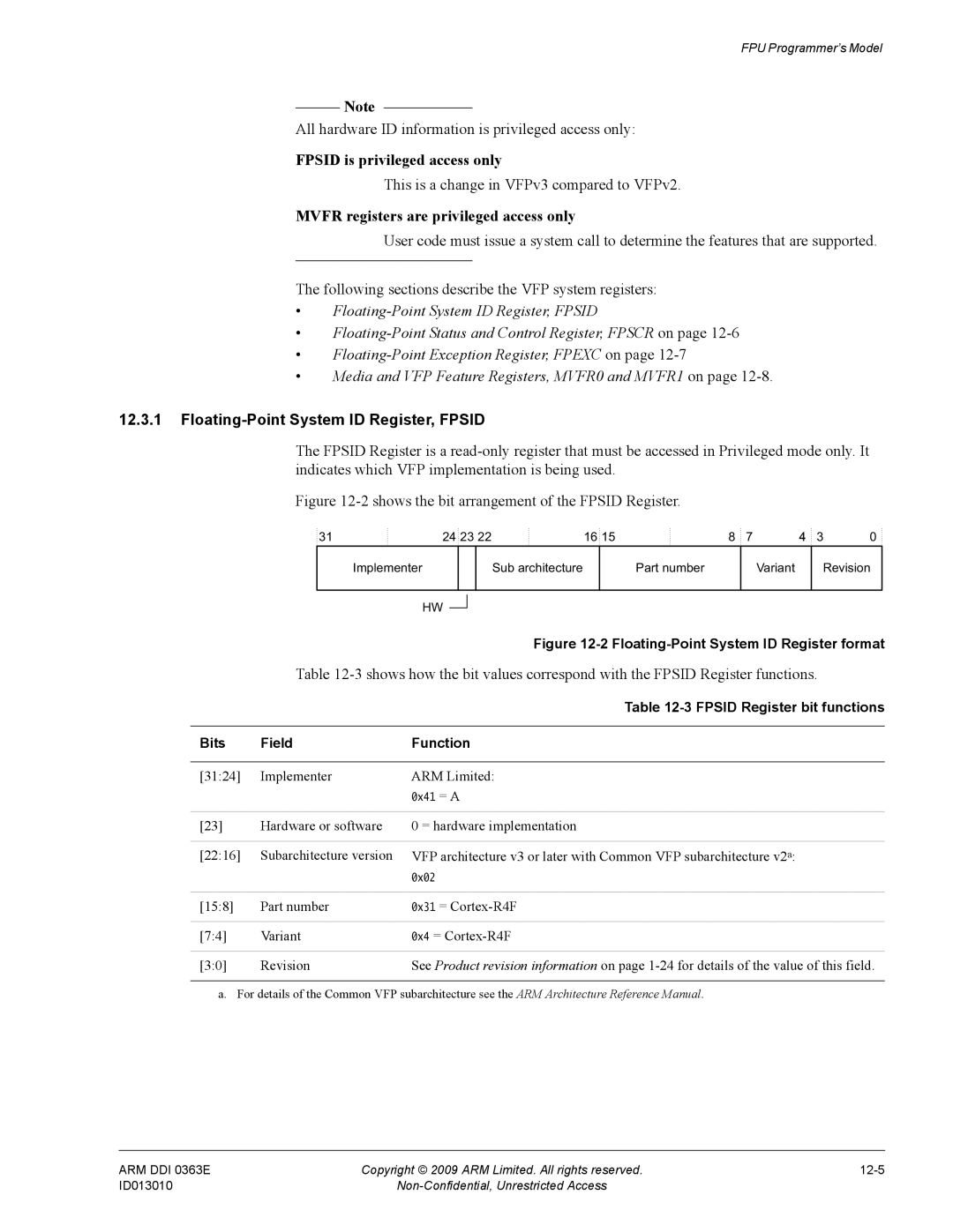 ARM R4F, r1p3 manual All hardware ID information is privileged access only, Fpsid is privileged access only 