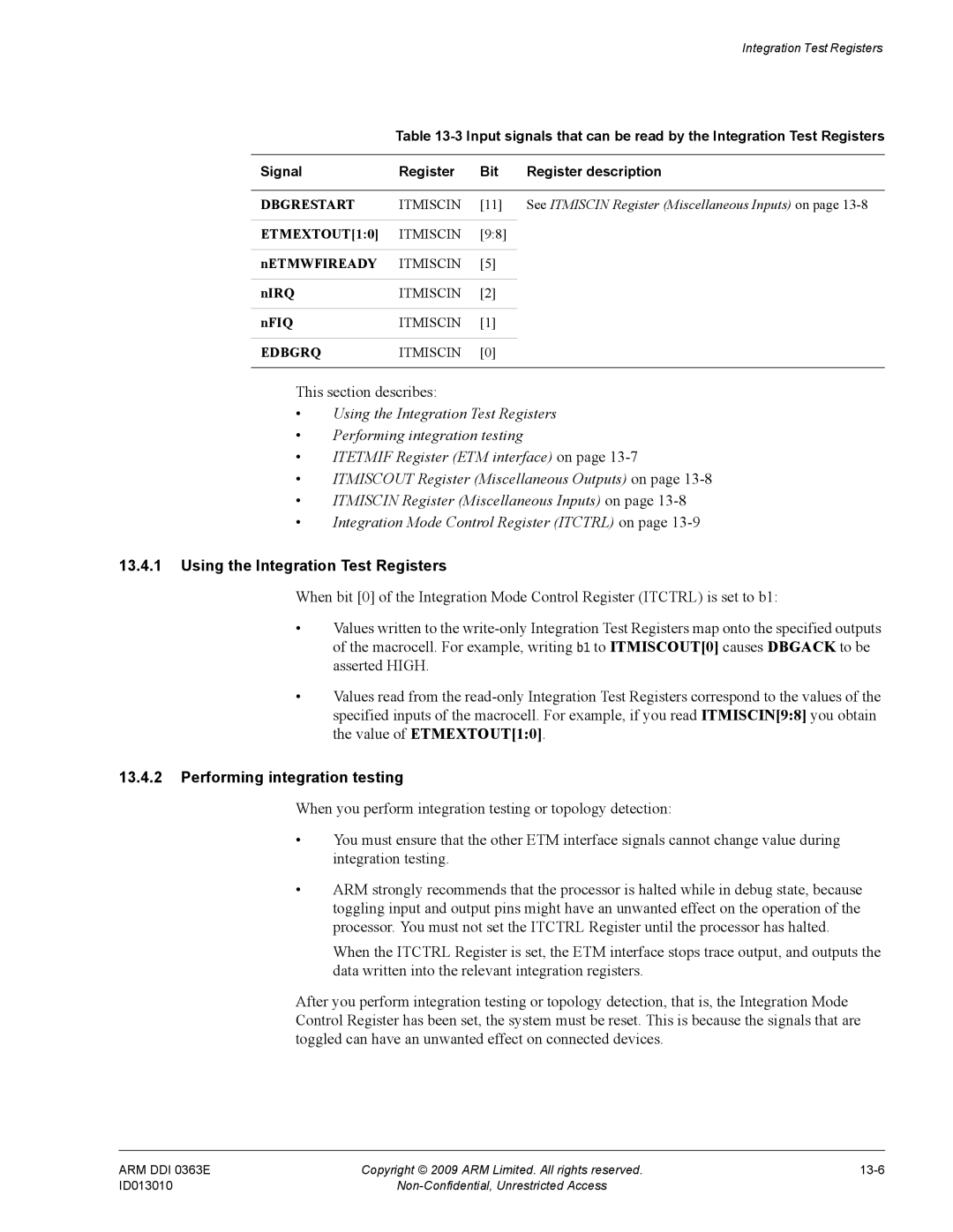 ARM R4F, r1p3 manual Using the Integration Test Registers, Performing integration testing 