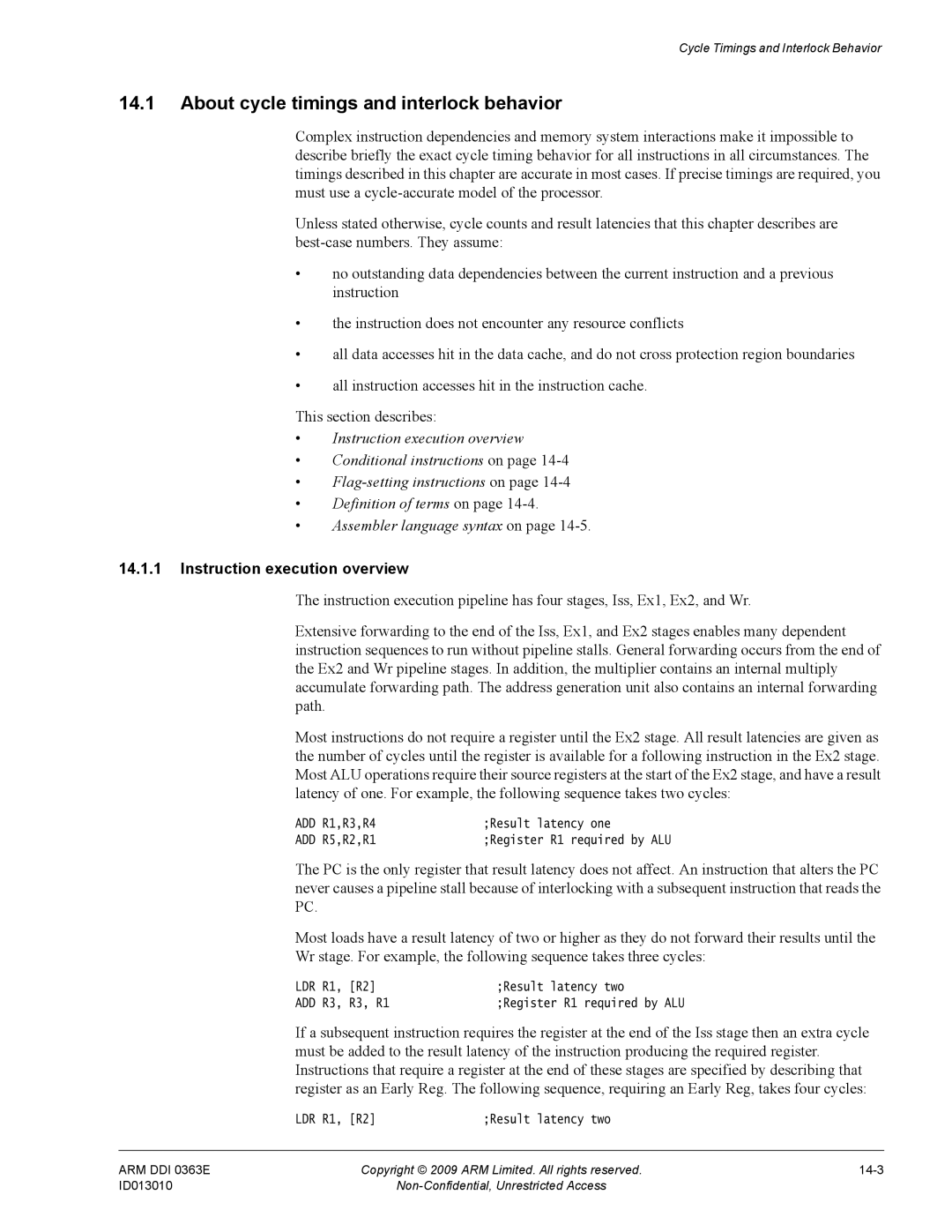 ARM R4F, r1p3 manual About cycle timings and interlock behavior, Instruction execution overview 