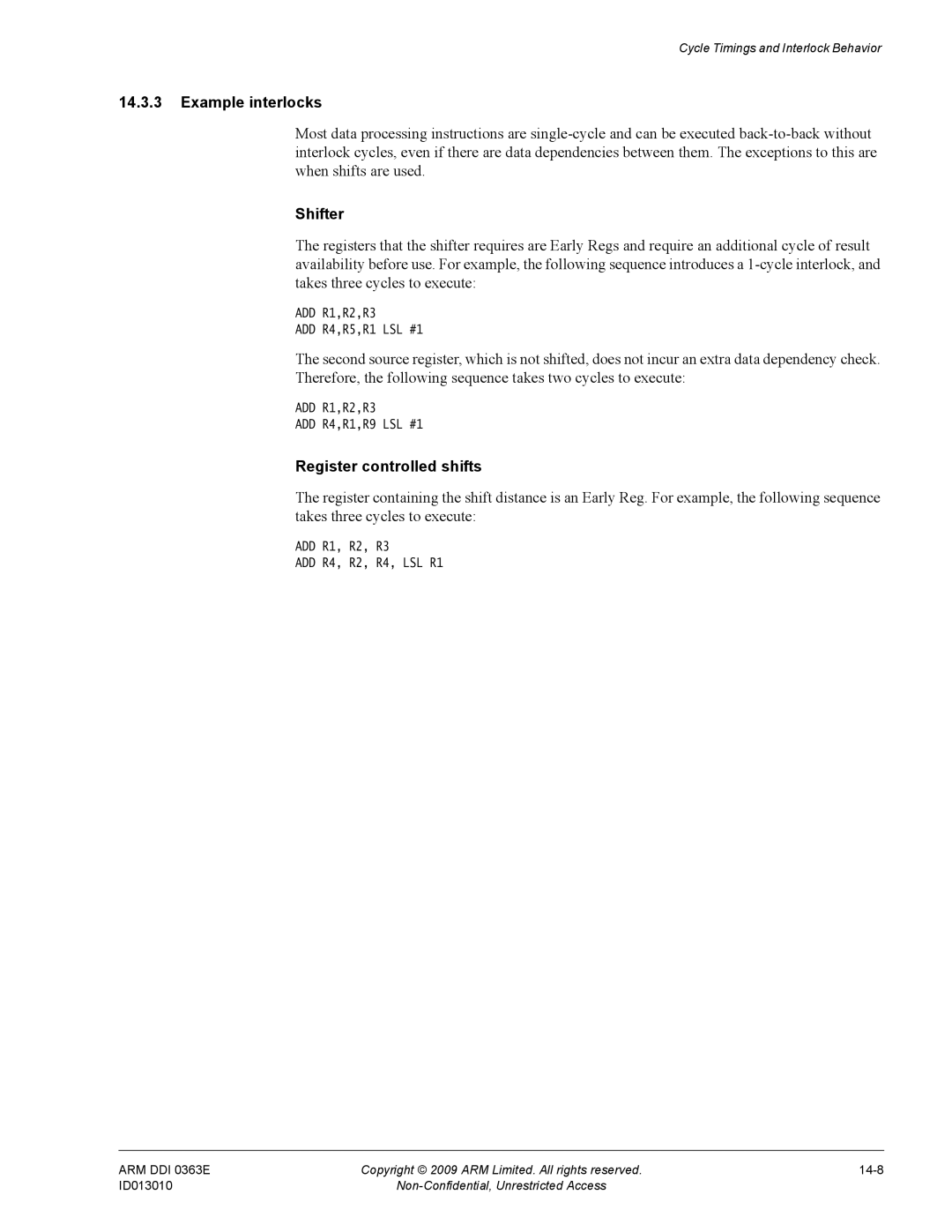 ARM R4F, r1p3 manual Example interlocks, Shifter, Register controlled shifts 