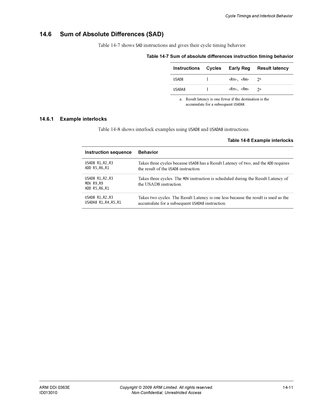 ARM R4F, r1p3 manual Sum of Absolute Differences SAD, Instruction sequence Behavior, Result of the USAD8 instruction 