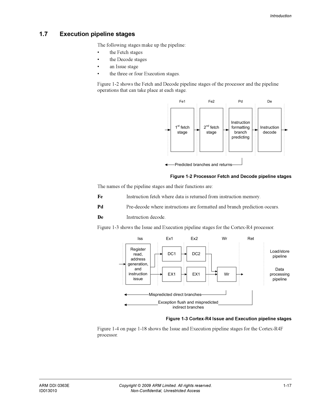 ARM r1p3, R4F manual Execution pipeline stages, Names of the pipeline stages and their functions are, Instruction decode 