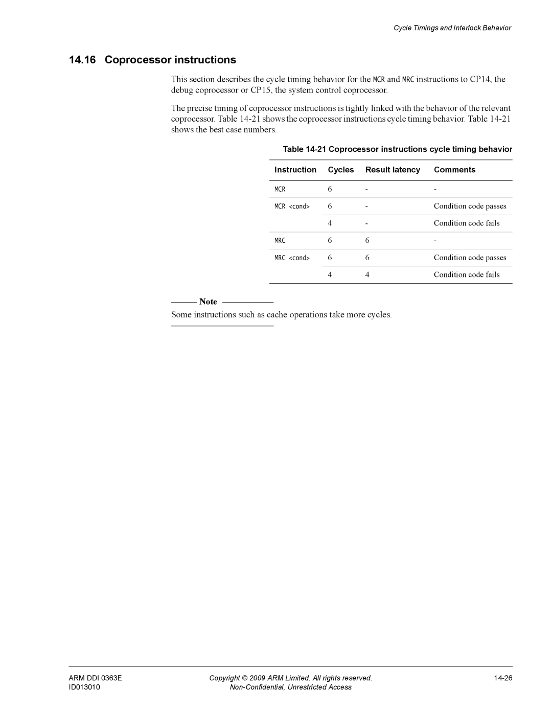 ARM R4F, r1p3 manual Coprocessor instructions, Some instructions such as cache operations take more cycles 