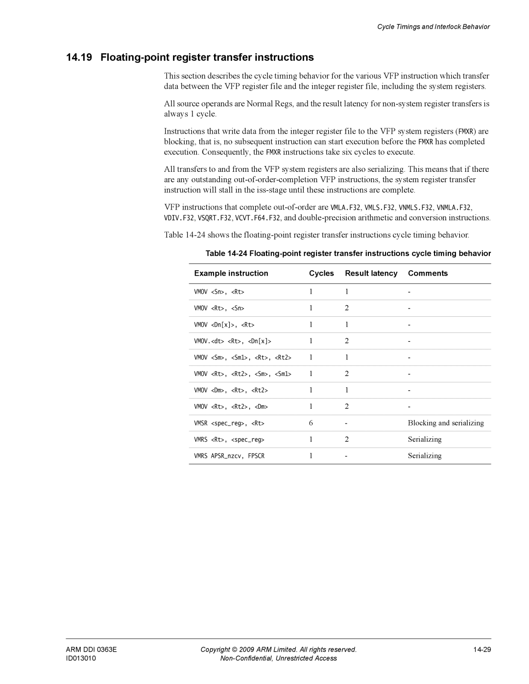 ARM R4F, r1p3 manual Floating-point register transfer instructions, Blocking and serializing, Serializing 