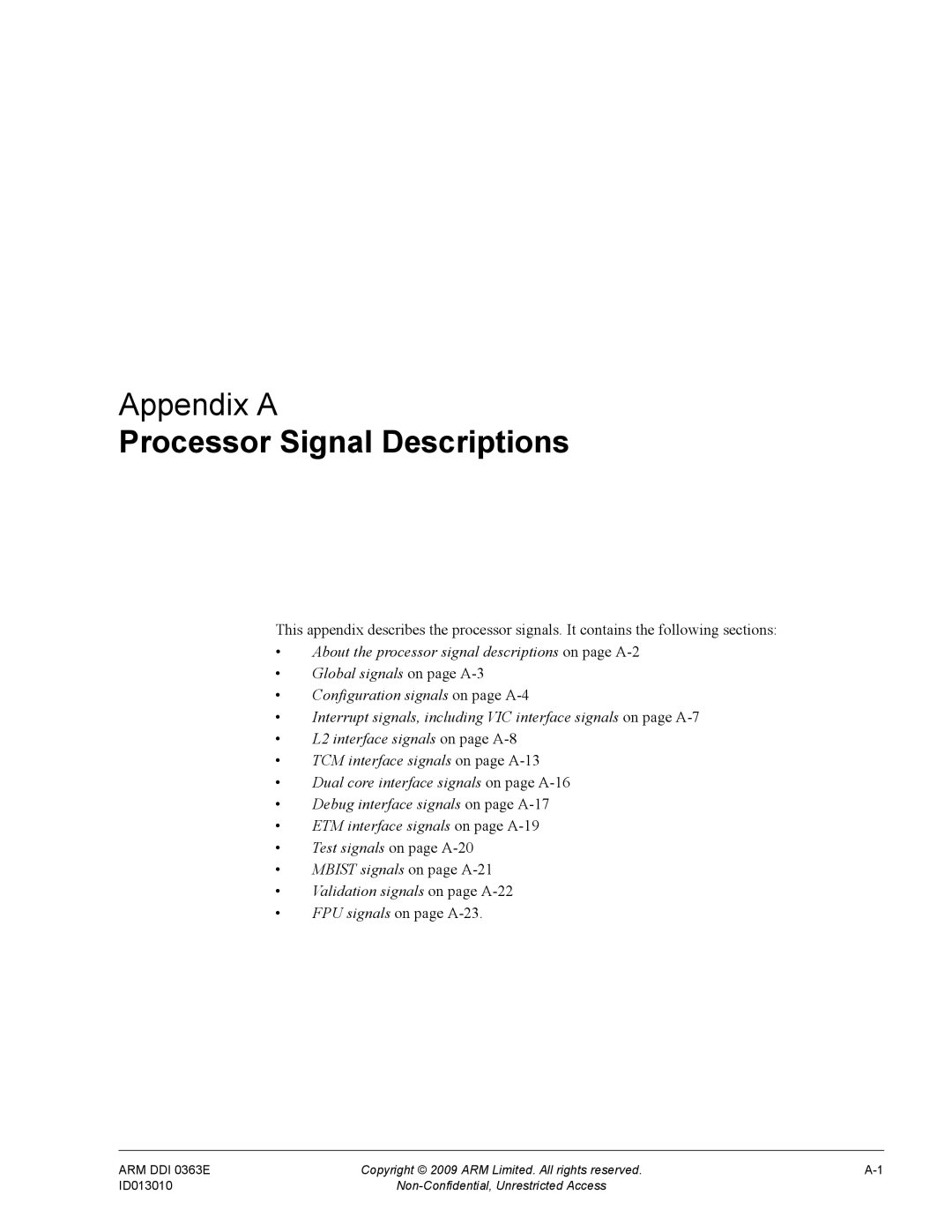 ARM R4F, r1p3 manual Processor Signal Descriptions, FPU signals on page A-23 