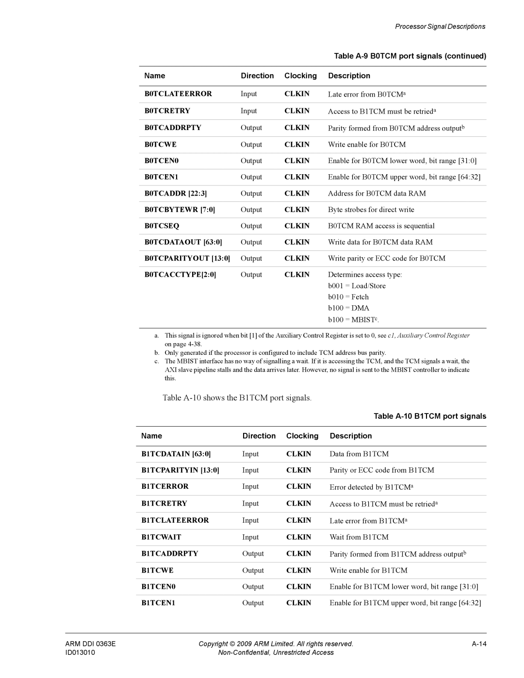 ARM R4F, r1p3 manual Table A-10shows the B1TCM port signals, = Dma, Table A-10 B1TCM port signals 