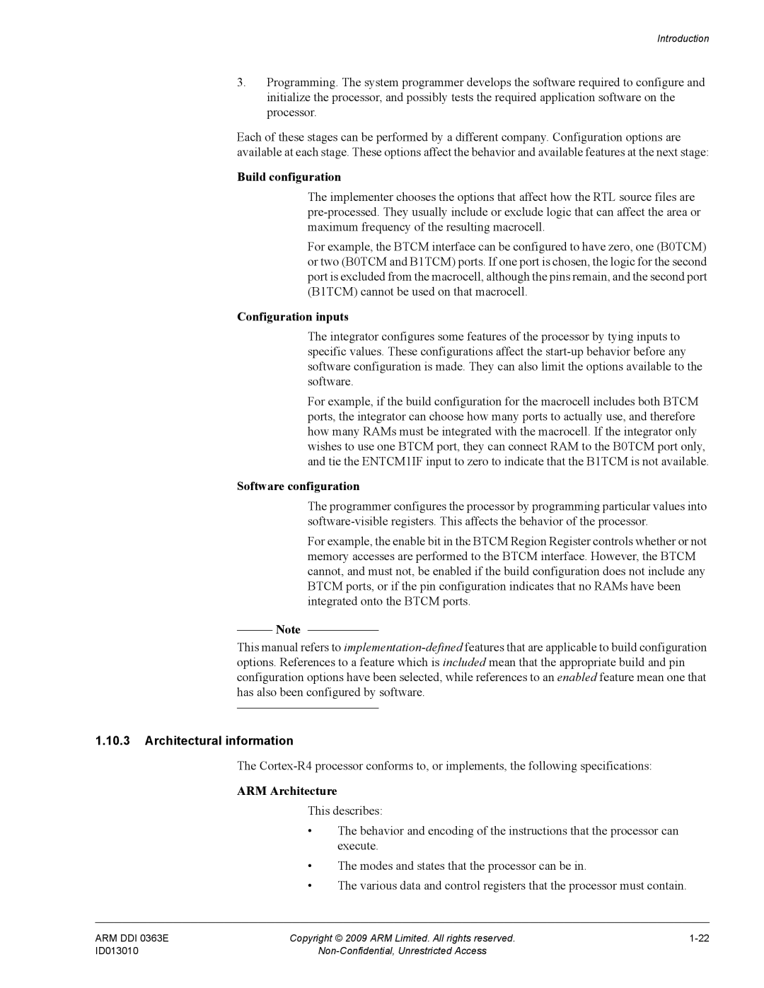 ARM R4F Build configuration, Configuration inputs, Software configuration, Architectural information, ARM Architecture 