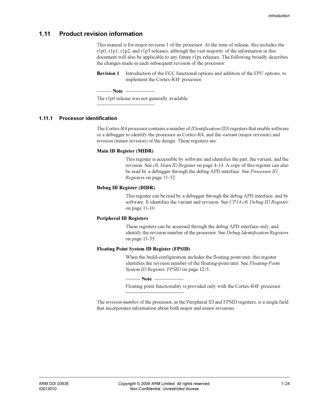 ARM R4F, r1p3 manual Product revision information, Processor identification 