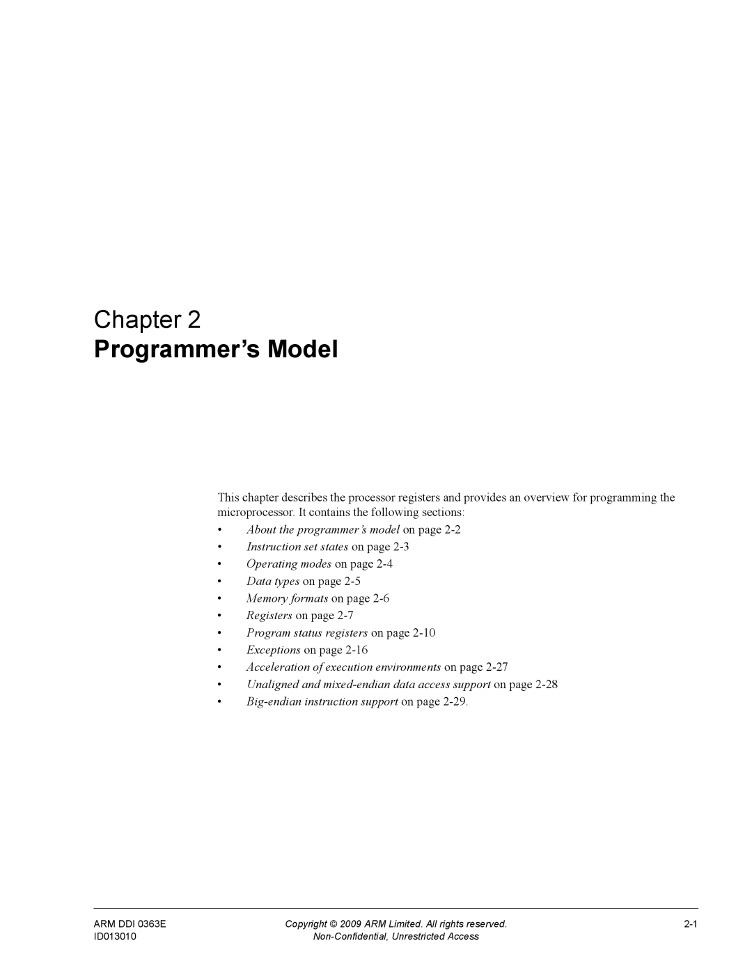 ARM r1p3, R4F manual Programmer’s Model, Registers on, Program status registers on, Exceptions on 