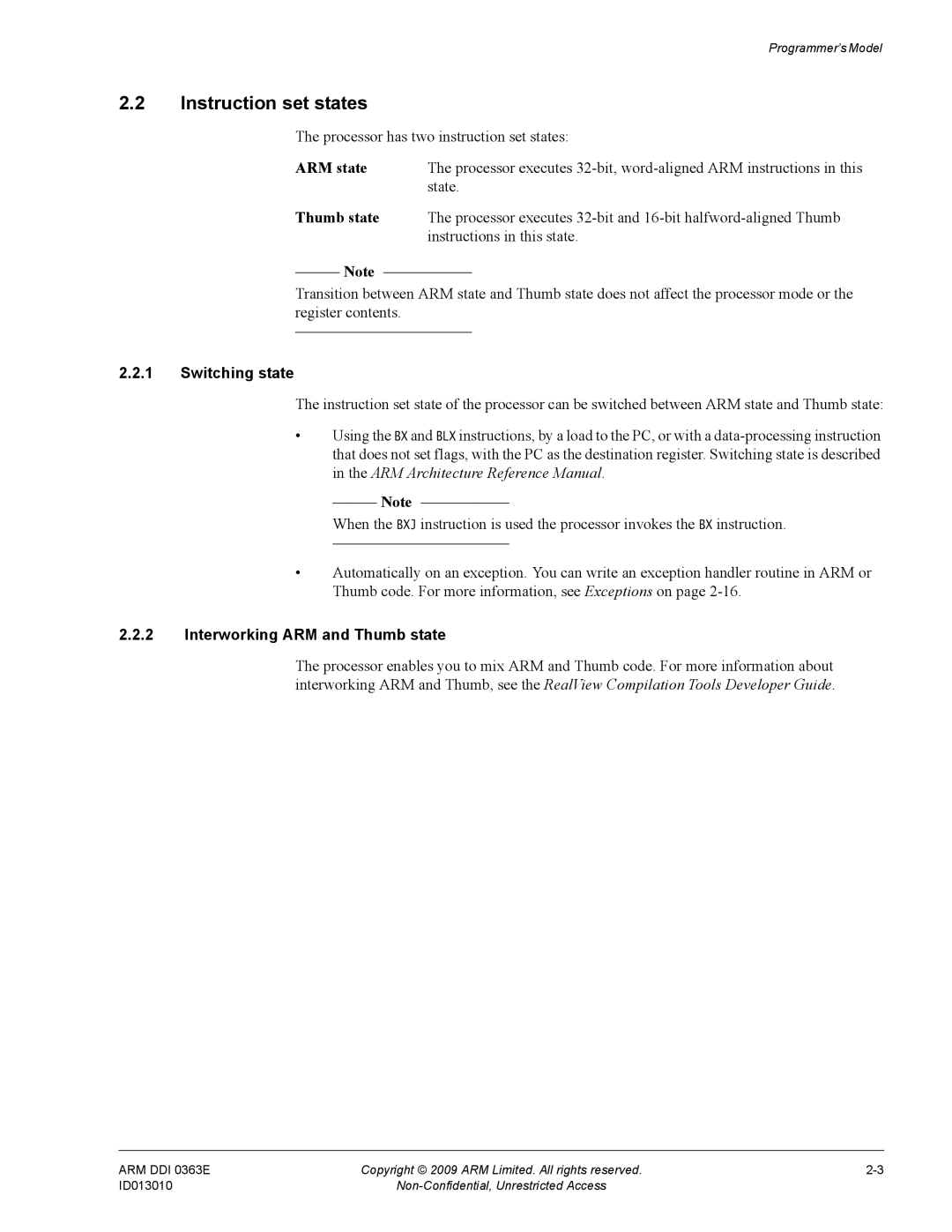 ARM R4F, r1p3 manual Instruction set states, ARM state, Switching state, Interworking ARM and Thumb state 