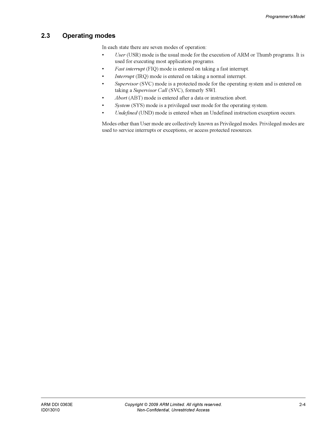 ARM r1p3, R4F manual Operating modes 