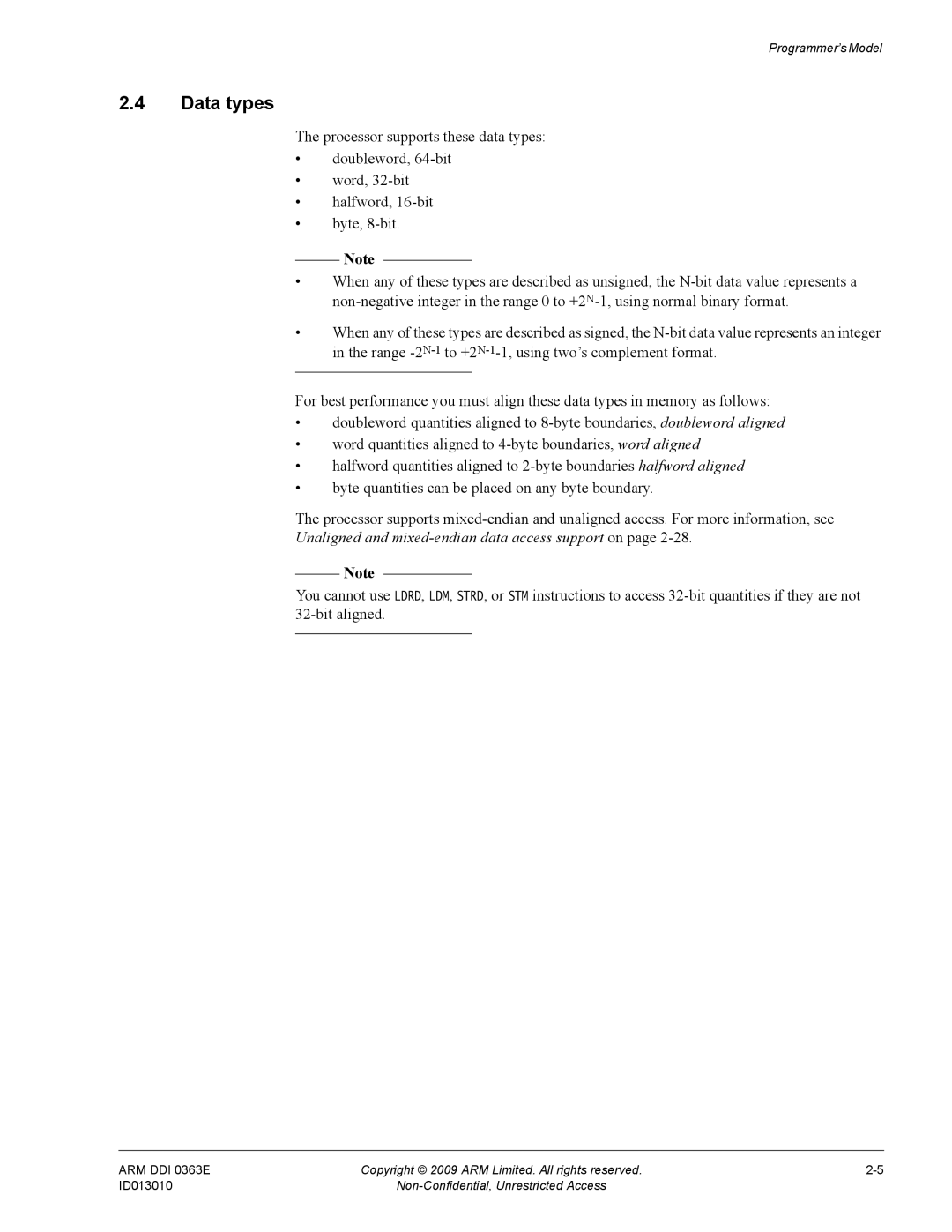 ARM R4F, r1p3 manual Data types, Unaligned and mixed-endian data access support on 