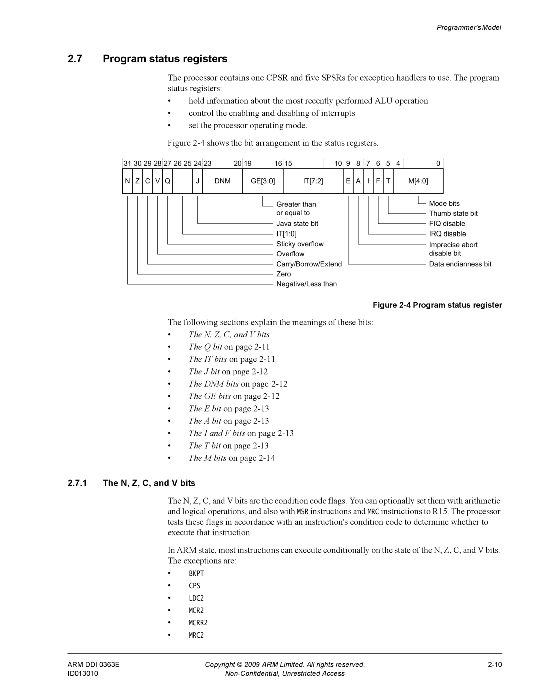 ARM r1p3, R4F manual Program status registers, N, Z, C, and V bits 