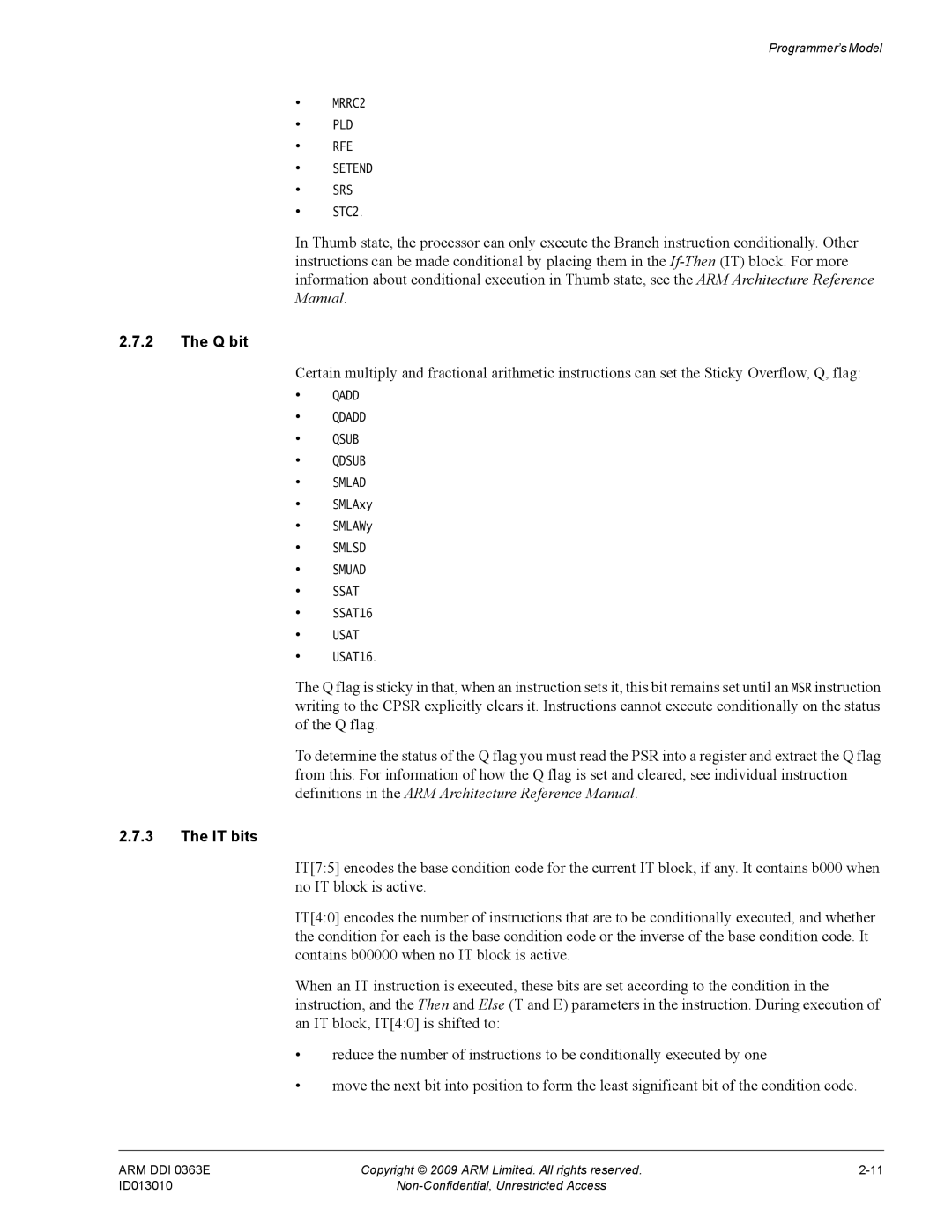 ARM R4F, r1p3 manual Q bit, IT bits 