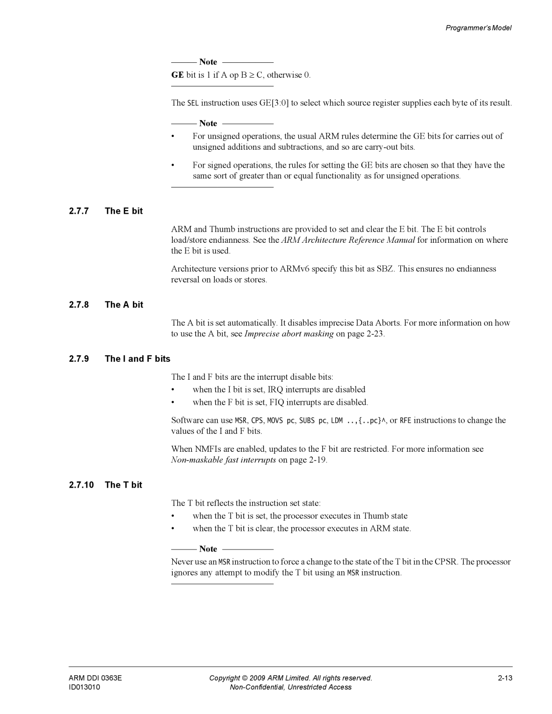 ARM r1p3, R4F manual E bit, A bit, I and F bits, Non-maskable fast interrupts on, T bit 