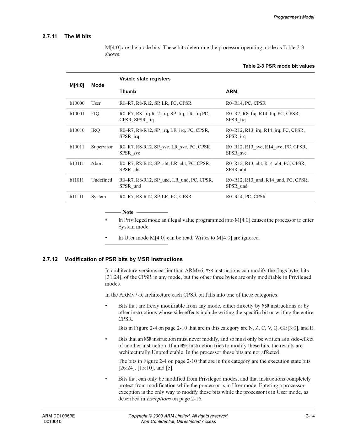 ARM R4F M bits, Modification of PSR bits by MSR instructions, PSR mode bit values, M40 Mode Visible state registers Thumb 