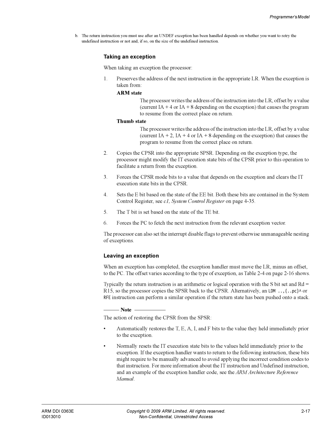 ARM R4F, r1p3 manual Taking an exception, Leaving an exception 