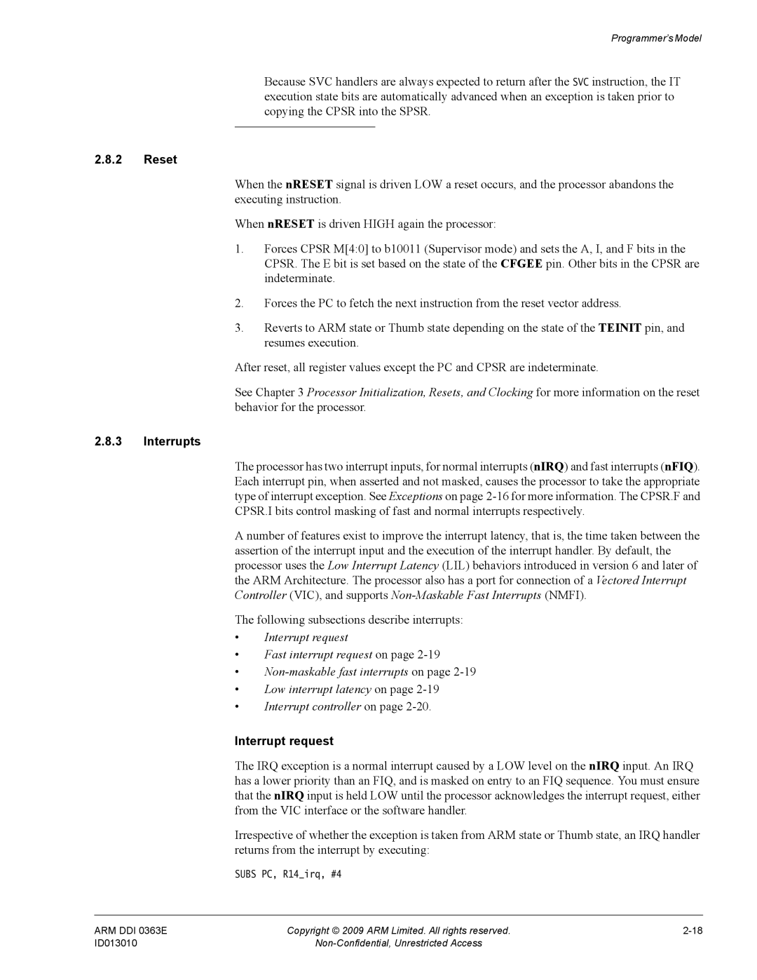 ARM R4F, r1p3 manual Reset, Interrupts, Interrupt request 