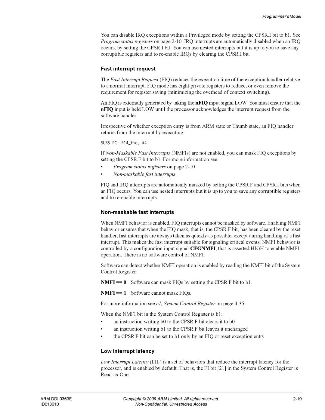 ARM r1p3, R4F manual Fast interrupt request, Program status registers on Non-maskable fast interrupts 