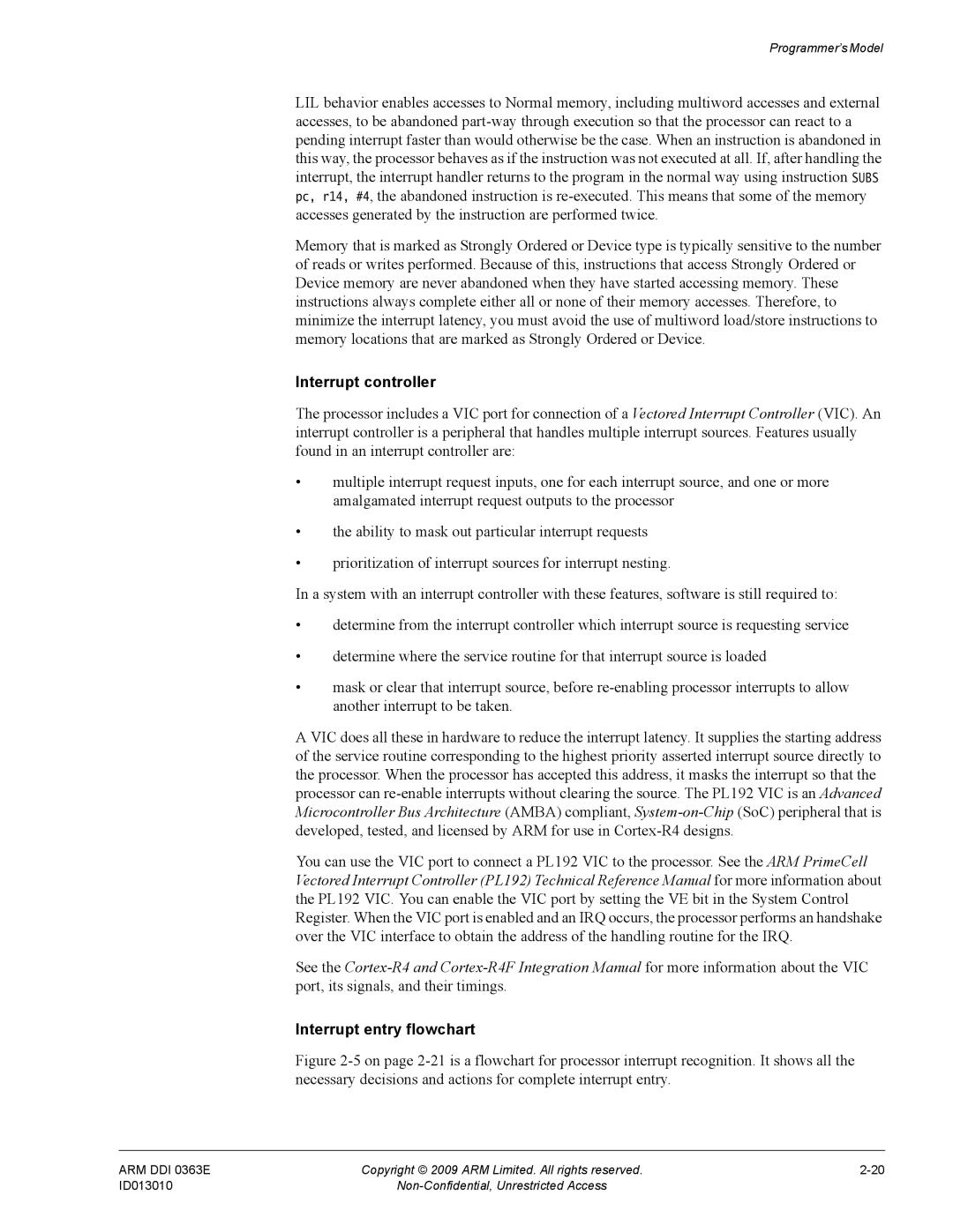 ARM R4F, r1p3 manual Interrupt controller, Interrupt entry flowchart 