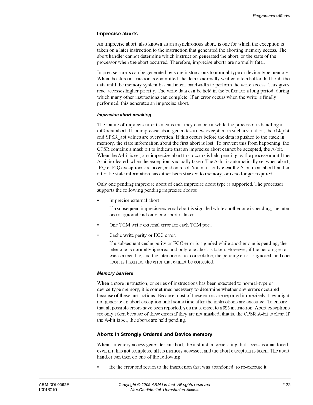 ARM R4F, r1p3 manual Imprecise aborts, Aborts in Strongly Ordered and Device memory 