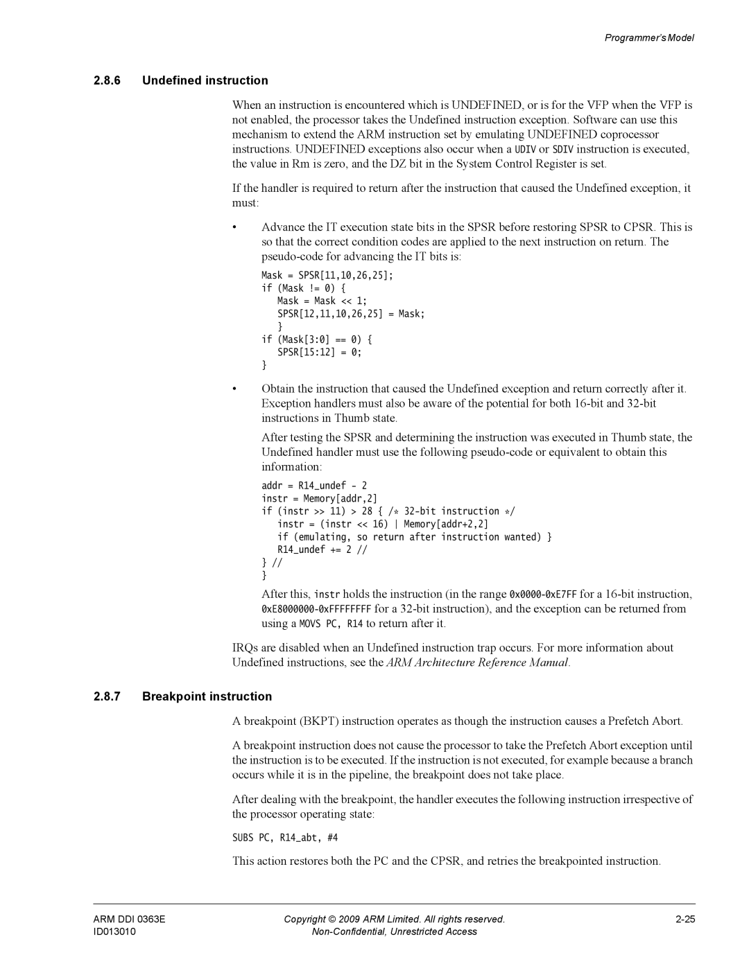 ARM r1p3, R4F manual Undefined instruction, Breakpoint instruction 