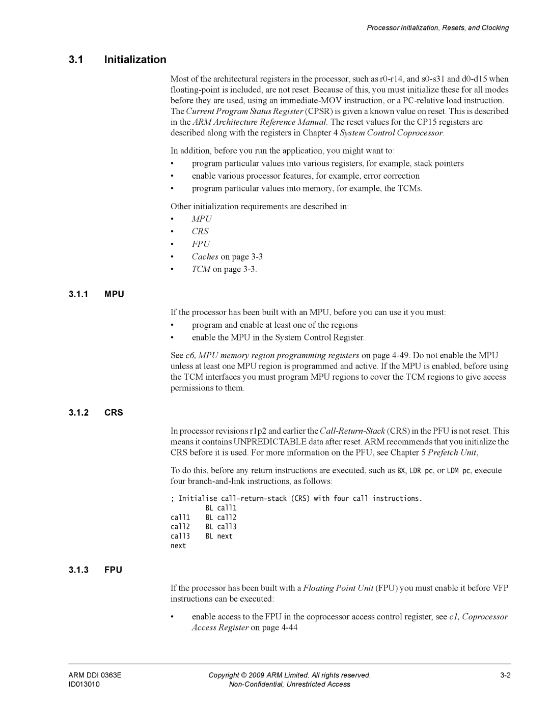 ARM r1p3, R4F manual Initialization, Caches on TCM on, 1 MPU, 2 CRS, 3 FPU 