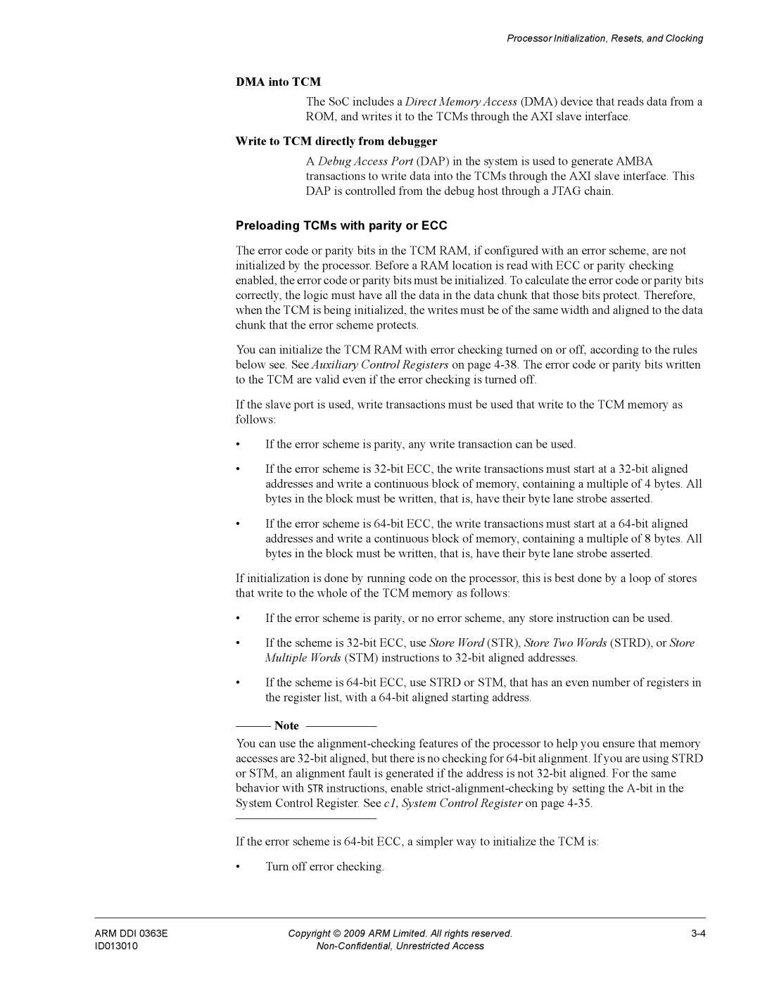 ARM R4F, r1p3 manual DMA into TCM, Write to TCM directly from debugger, Preloading TCMs with parity or ECC 