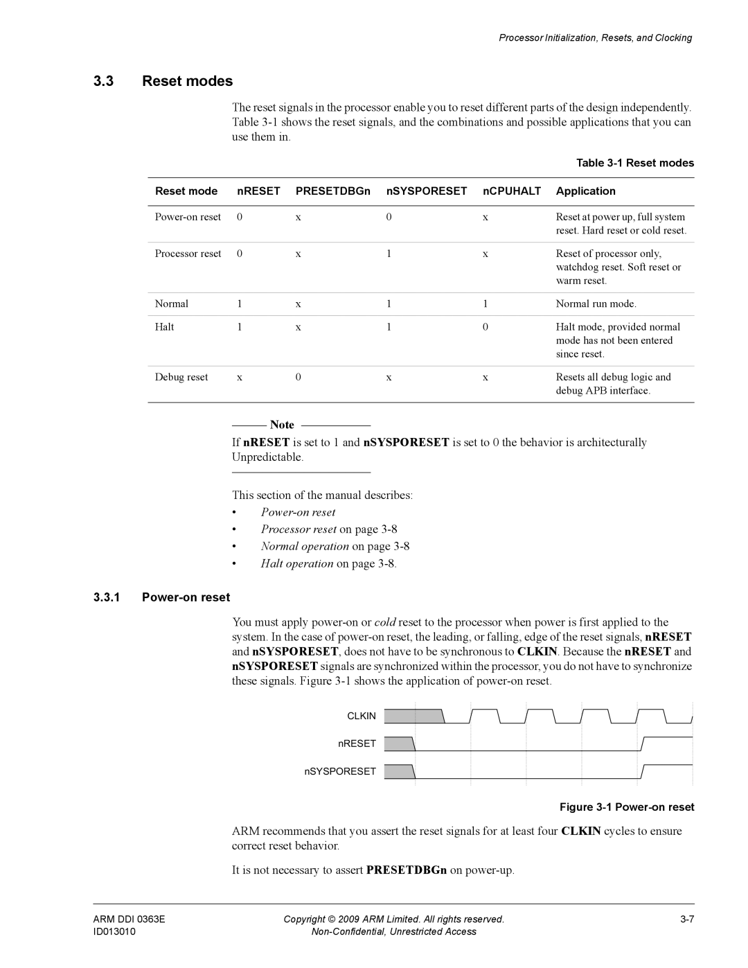 ARM R4F, r1p3 manual Reset modes, Power-on reset 