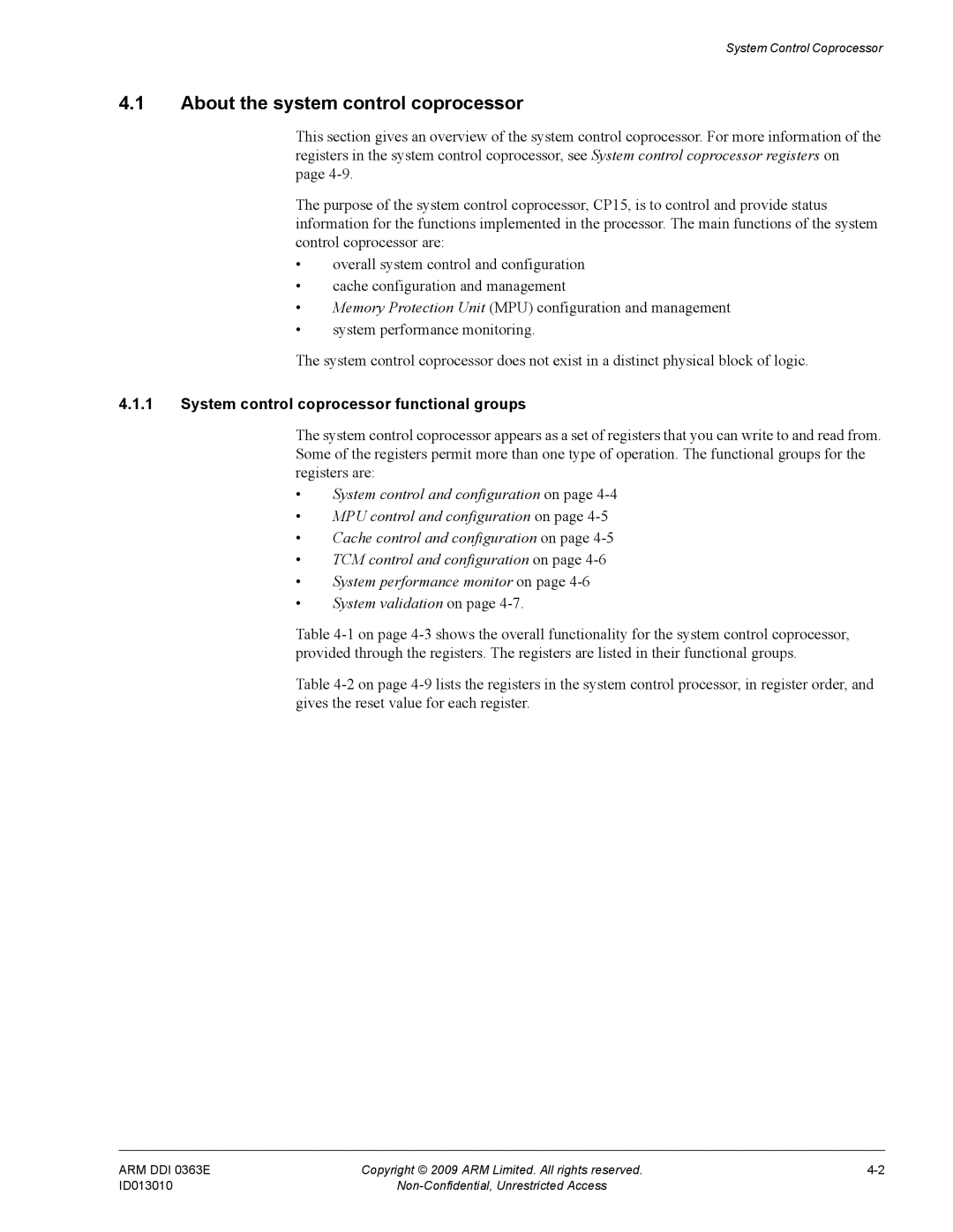 ARM r1p3, R4F manual About the system control coprocessor, System control coprocessor functional groups 