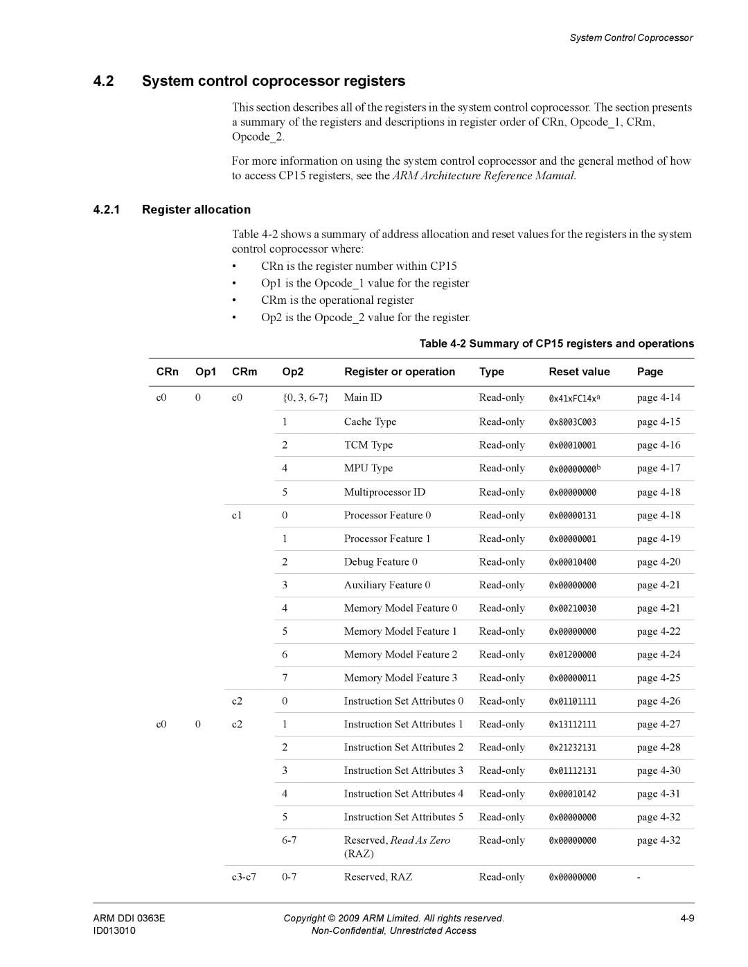 ARM R4F, r1p3 manual System control coprocessor registers, Register allocation, Raz 