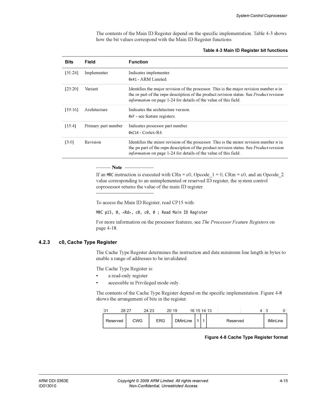 ARM R4F, r1p3 manual 3 c0, Cache Type Register, Main ID Register bit functions, Bits Field Function 