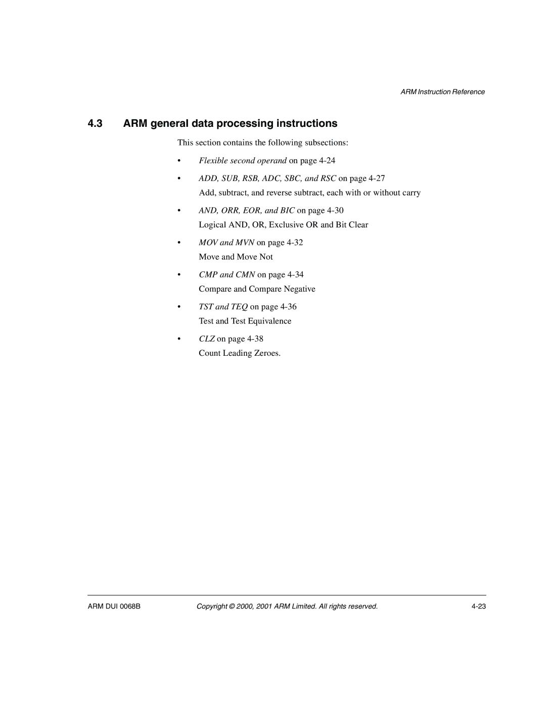 ARM VERSION 1.2 manual ARM general data processing instructions, This section contains the following subsections 