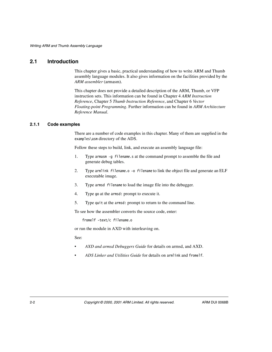 ARM VERSION 1.2 manual Introduction, Code examples, Or run the module in AXD with interleaving on See 