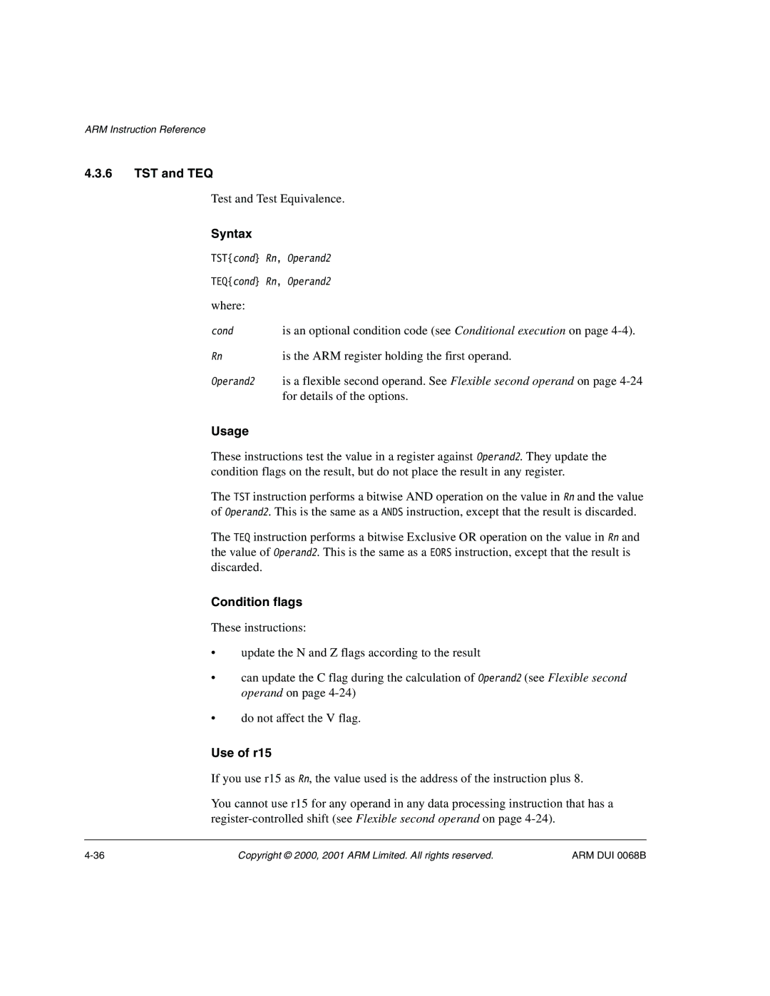 ARM VERSION 1.2 manual TST and TEQ, Test and Test Equivalence 