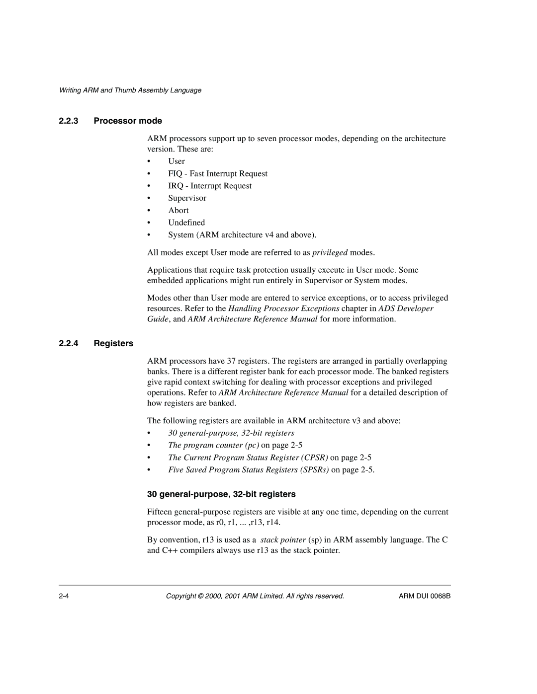 ARM VERSION 1.2 manual Processor mode, Registers, General-purpose, 32-bit registers 