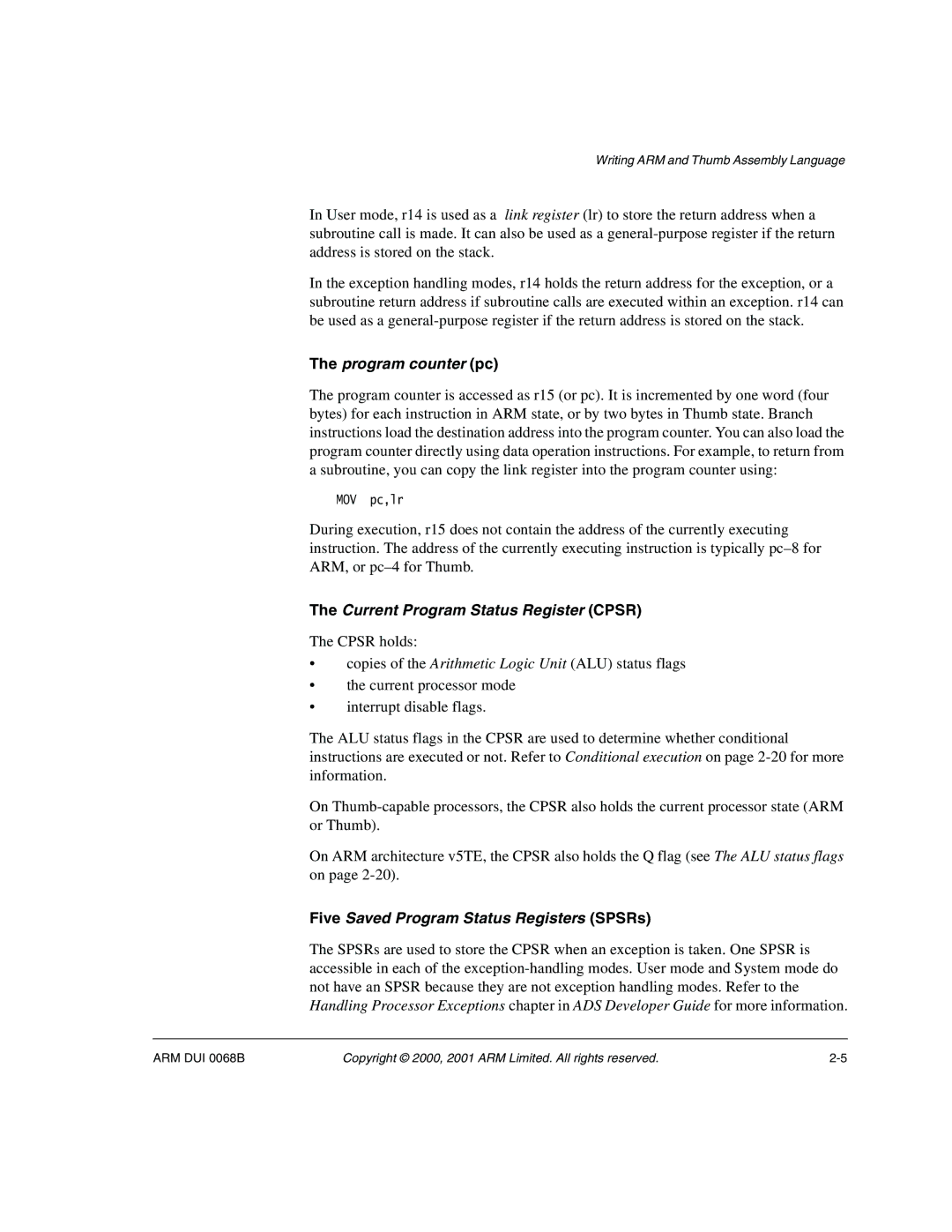 ARM VERSION 1.2 manual Program counter pc 