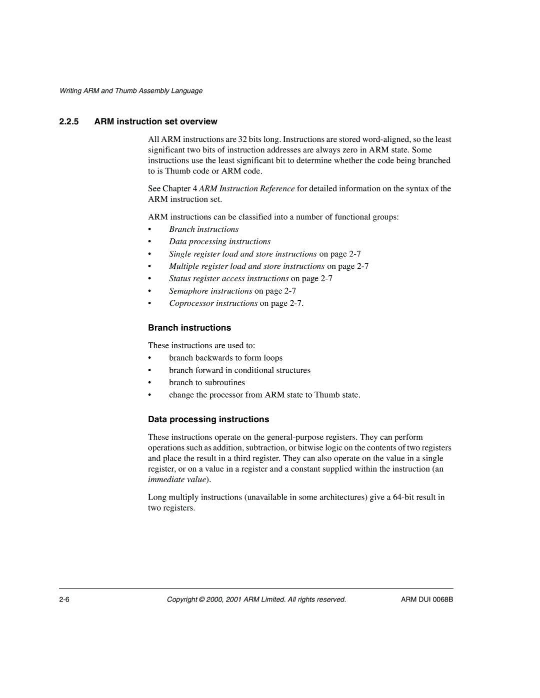 ARM VERSION 1.2 manual ARM instruction set overview, Branch instructions, Data processing instructions 