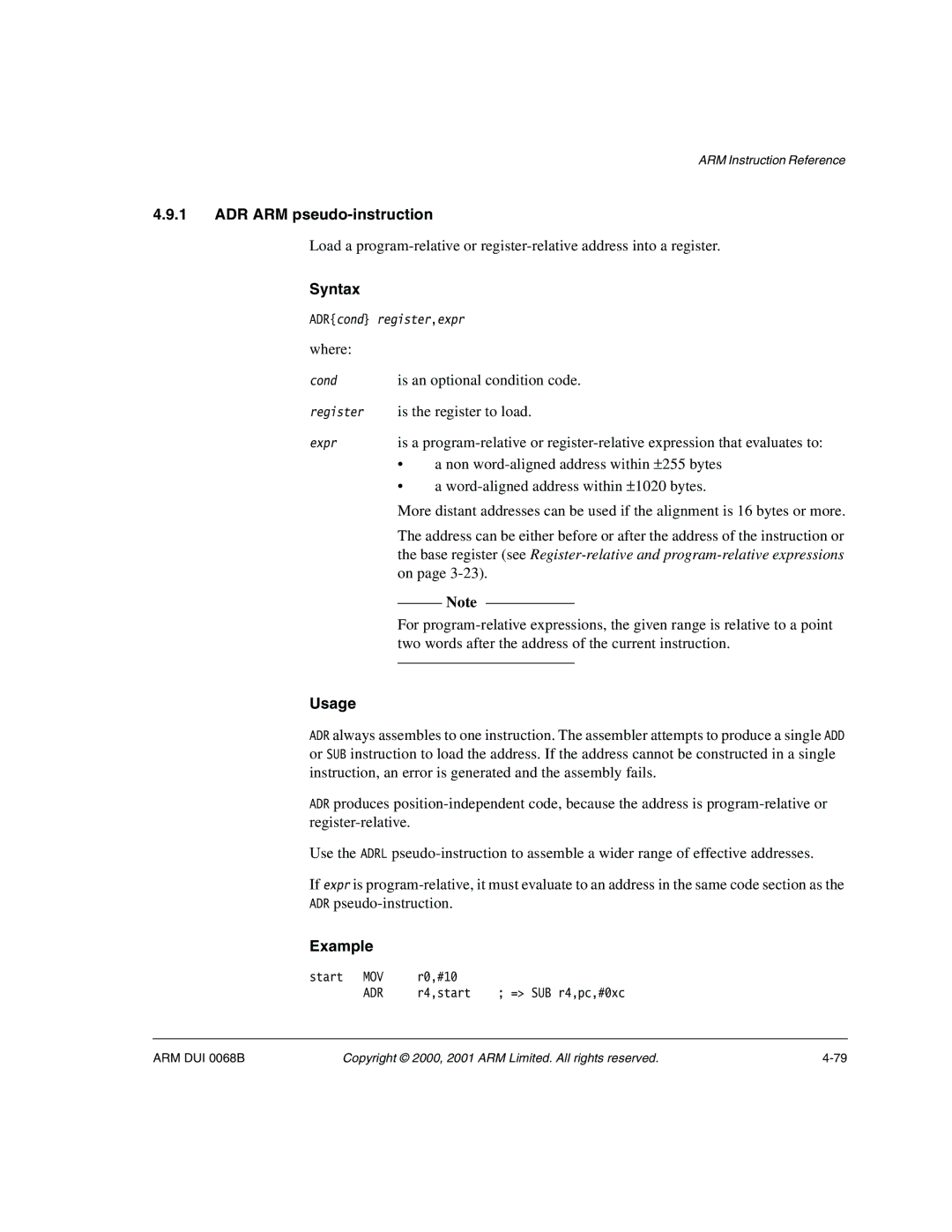 ARM VERSION 1.2 manual ADR ARM pseudo-instruction, Is an optional condition code, Is the register to load 