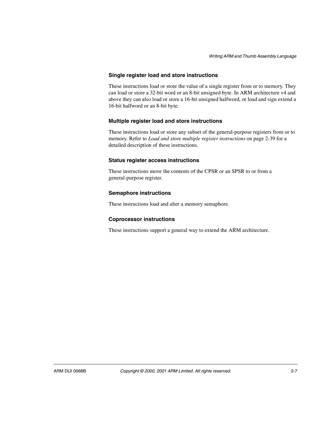 ARM VERSION 1.2 manual Single register load and store instructions, Multiple register load and store instructions 