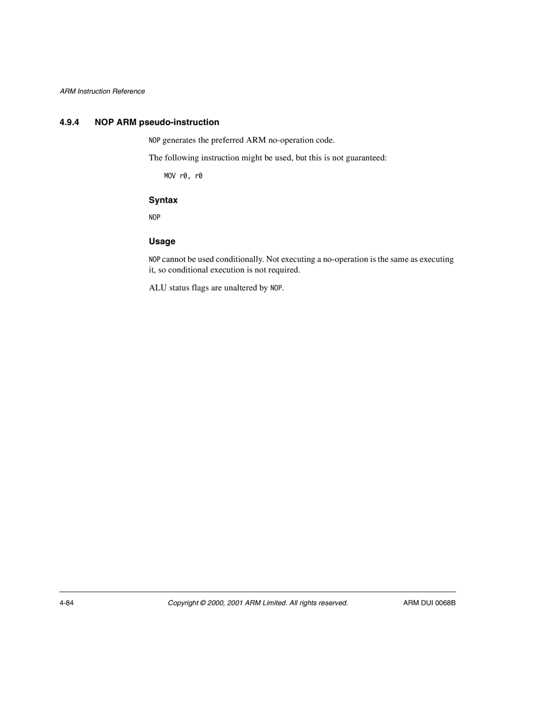 ARM VERSION 1.2 manual NOP ARM pseudo-instruction 