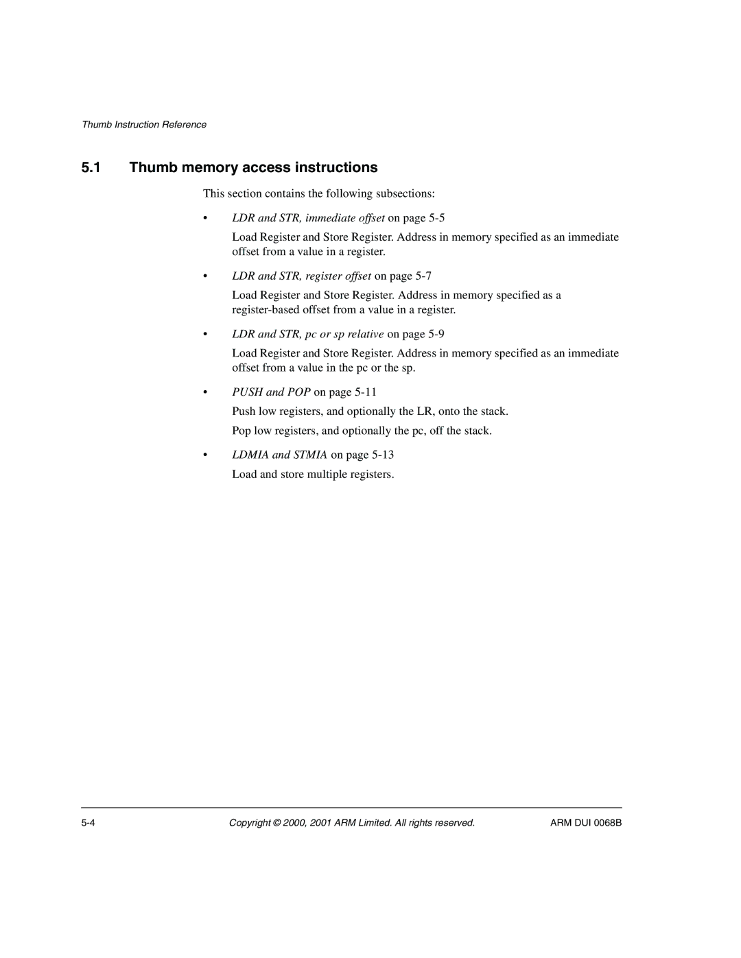 ARM VERSION 1.2 manual Thumb memory access instructions, LDR and STR, immediate offset on, LDR and STR, register offset on 