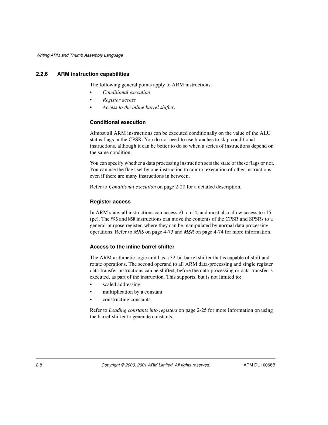 ARM VERSION 1.2 ARM instruction capabilities, Following general points apply to ARM instructions, Conditional execution 