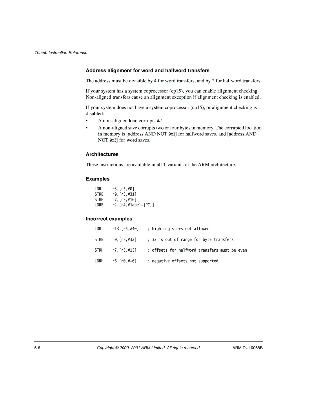 ARM VERSION 1.2 manual Address alignment for word and halfword transfers, Architectures 