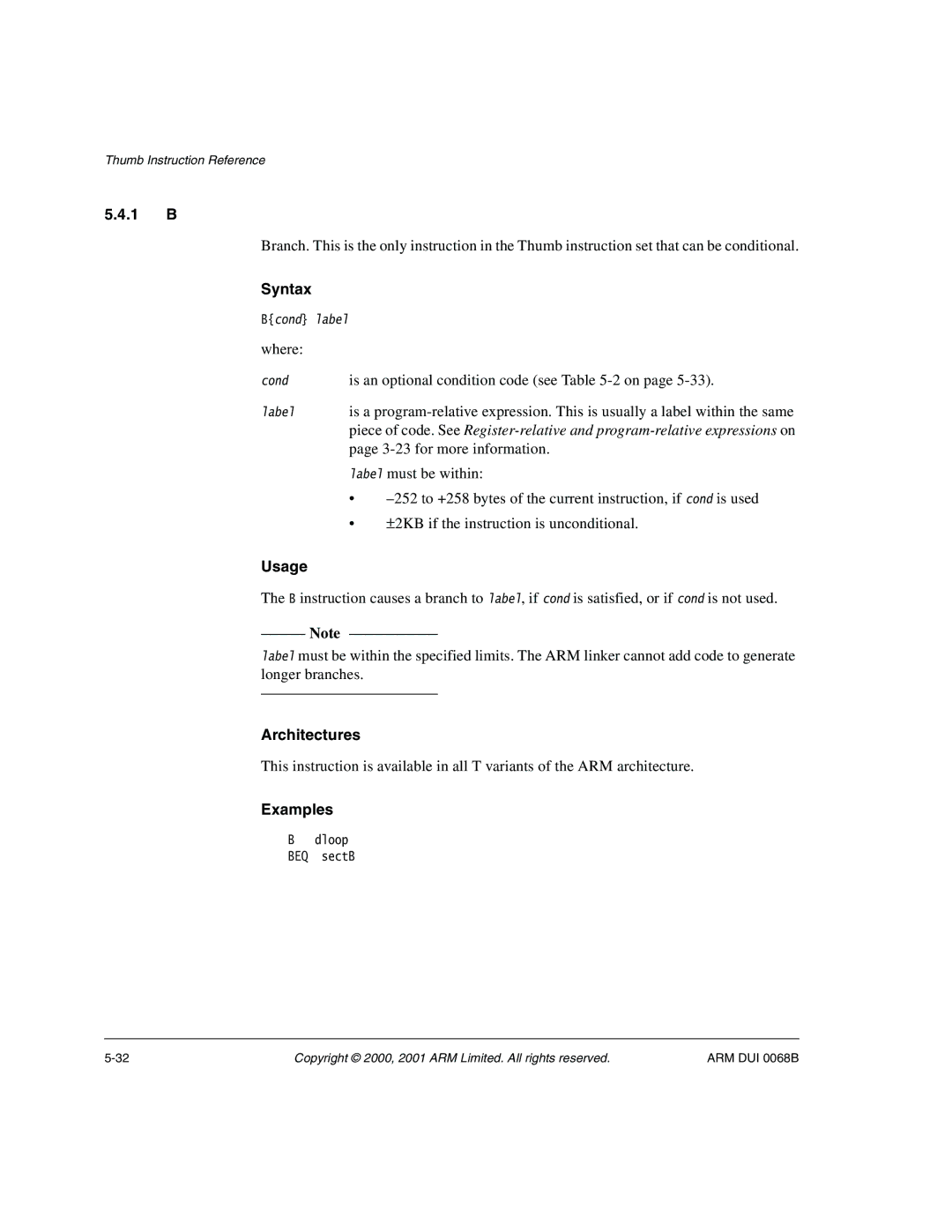 ARM VERSION 1.2 manual 1 B, Is an optional condition code see -2 on, for more information, Label must be within 