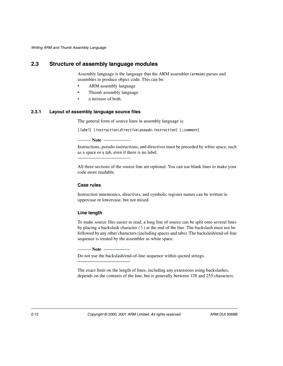 ARM VERSION 1.2 Structure of assembly language modules, Layout of assembly language source files, Case rules, Line length 