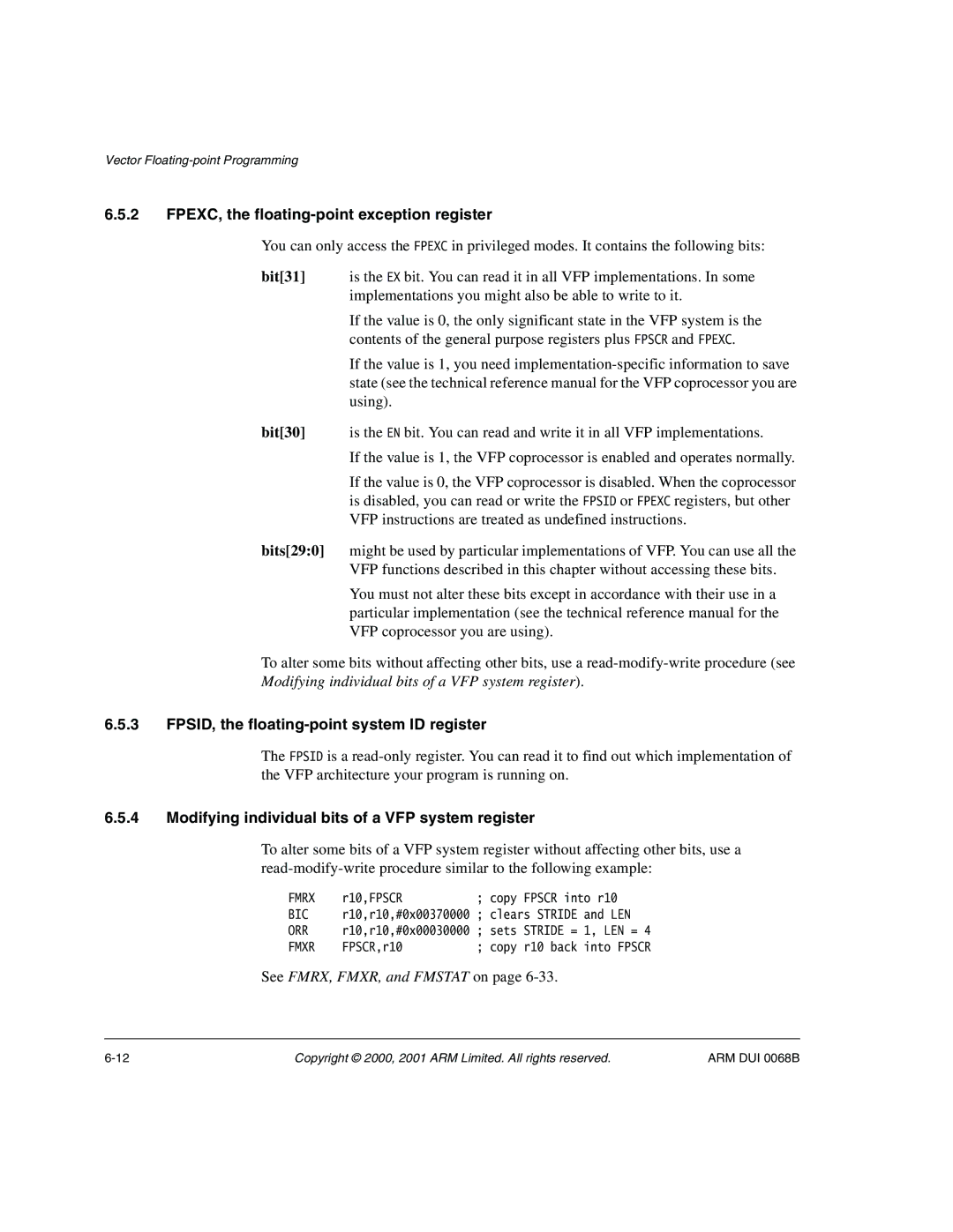 ARM VERSION 1.2 manual FPEXC, the floating-point exception register, FPSID, the floating-point system ID register 